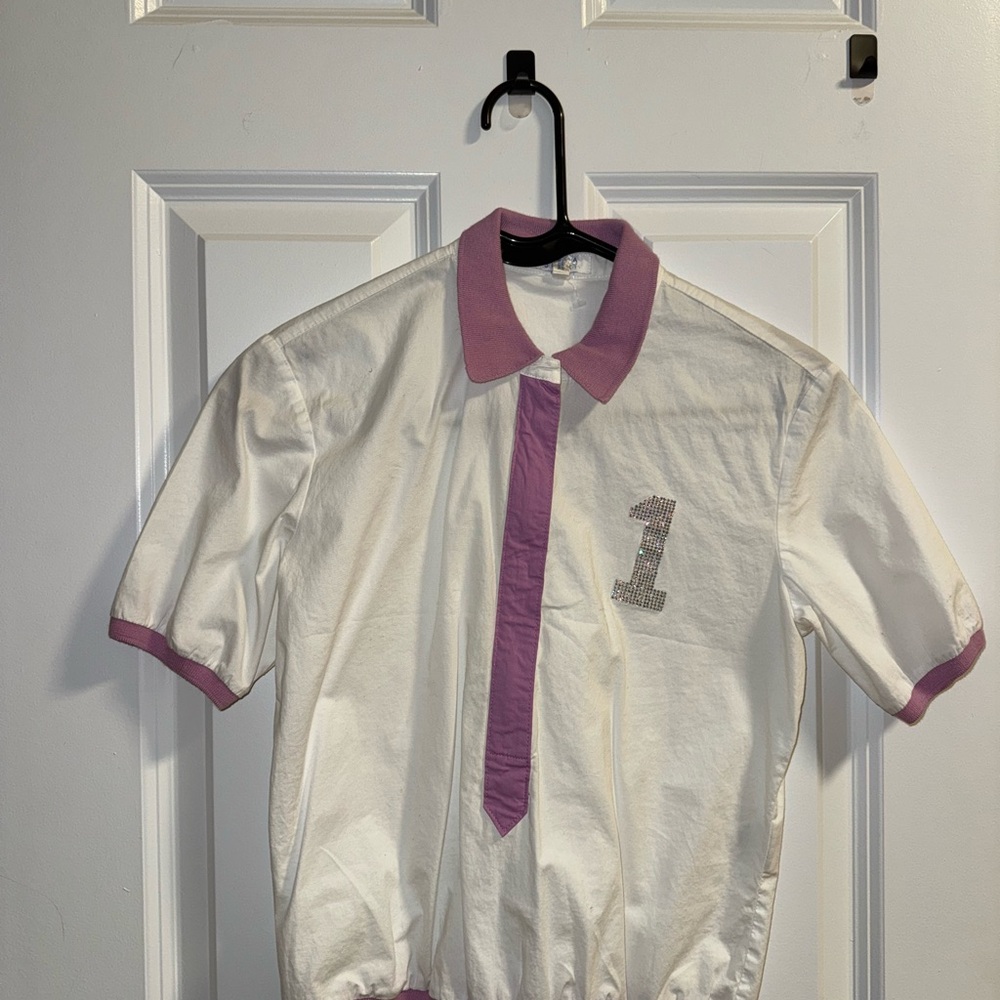 Escada Sport White and Purple Short Sleeve Shirt with Number Detail